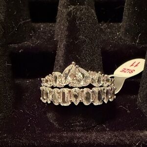 Silver Crystal Marquise & Emerald Cut Stackable Ring Set - Clear/Silver, Size 11